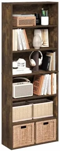 Jaya 6-Tier Book Shelf, Open Shelf Bookshelf, Amber Pine