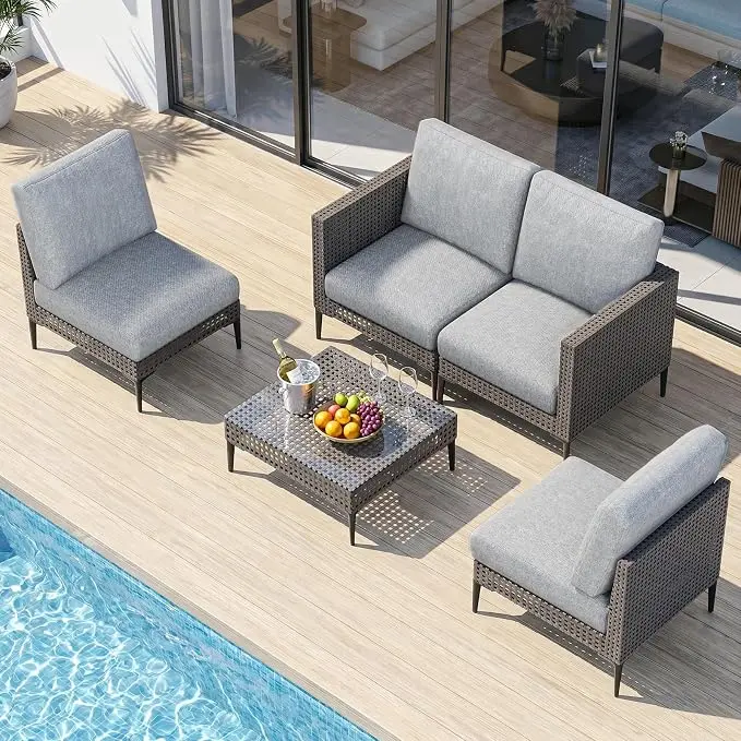 Jocoevol Outdoor Patio Sofa Conversation Set–Rattan 4 Seats Comfortable Couch
