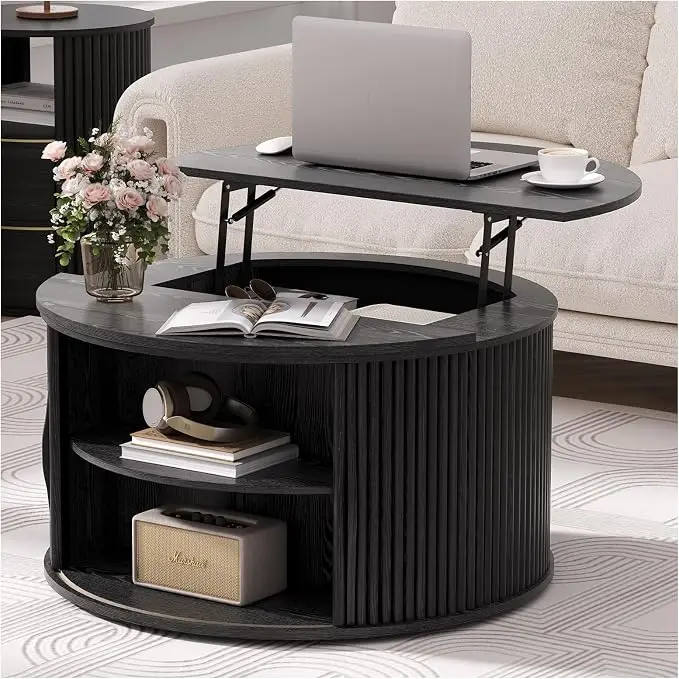 JOINICE 31.5" Black Round Lift Top Coffee Table, Modern Fluted Drum Center Table