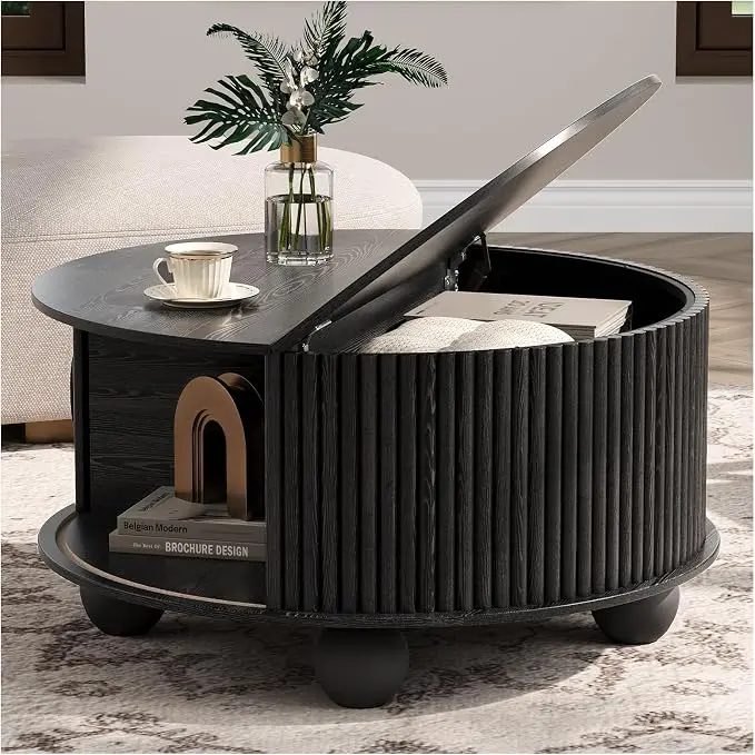 JOINICE Black Round Coffee Table