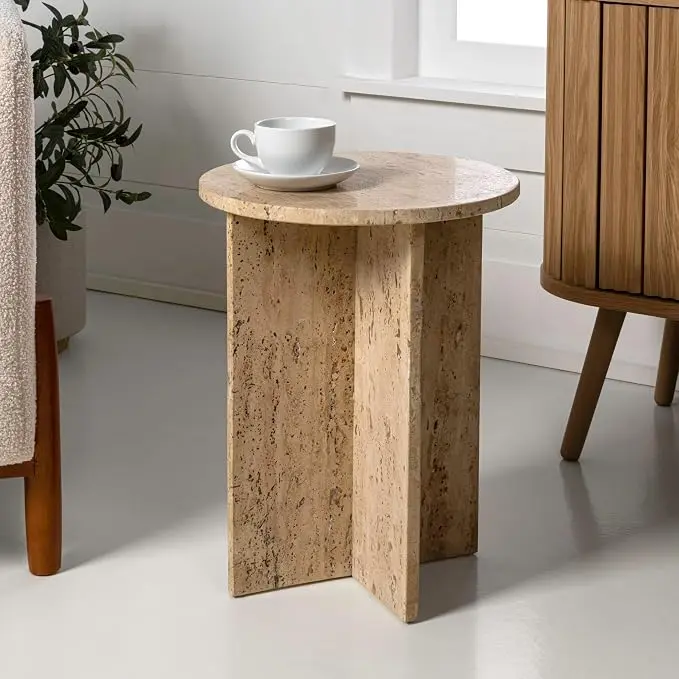 JONATHAN Y Javier Solid Travertine Marble End Table, 14-inch Round Modern