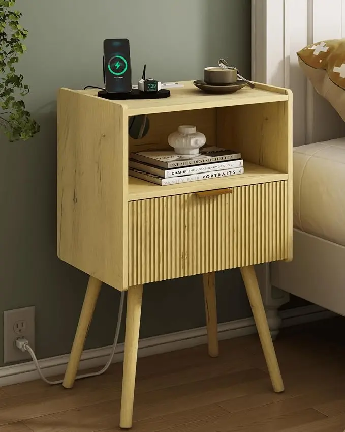 JOONEE Nightstand with Outlet, Modern Bedside Table with Storage Drawer and