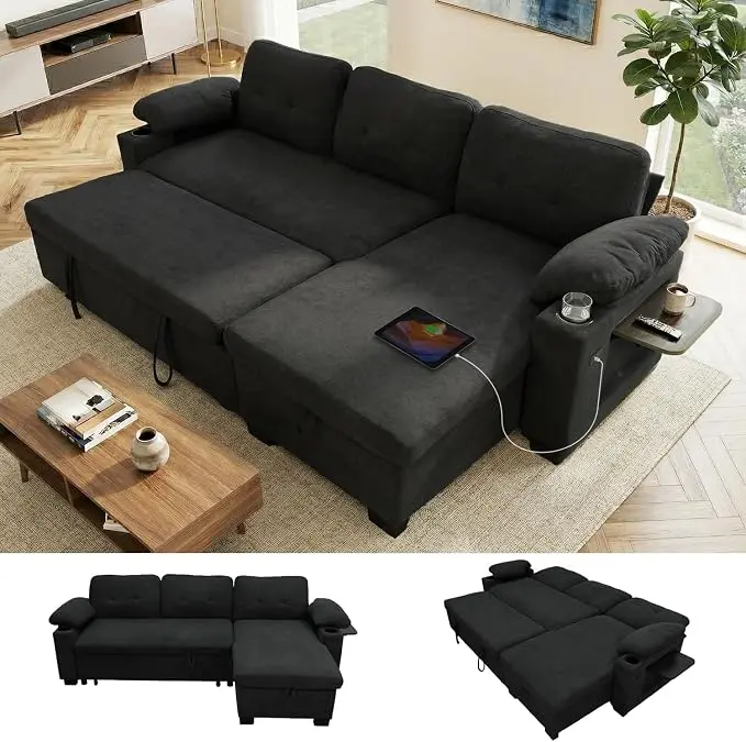 KCGKCG 93" L Shaped Sleeper Sofa Bed, Pull Out Sectional Couch