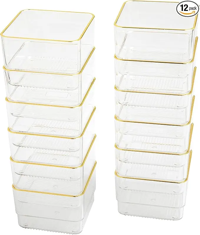 Kerry Plastic Stackable Office Desk Drawer Organizers, 3" x 3", 12 Pack, with Gold Trim
