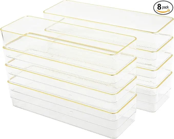 Kerry Plastic Stackable Office Desk Drawer Organizers, 9" x 3", 8 Pack, with Gold Trim