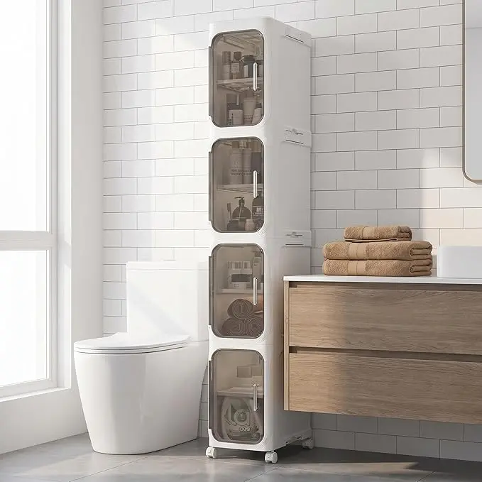 KHNR 4-Tiers Slim Bathroom Storage Cabinet, Narrow Bathroom Storage, Foldable