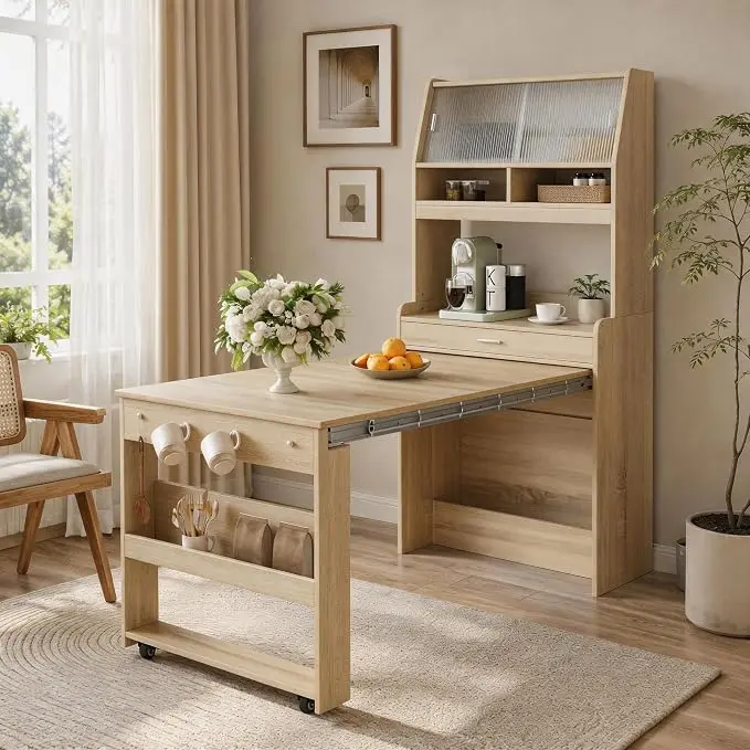 Kitchen Storage Cabinet with Hutch and Extendable Dining Table, 33.5"
