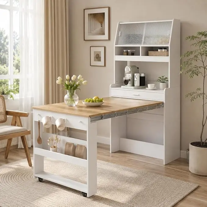 Kitchen Storage Cabinet with Hutch and Extendable Dining Table, 33.5"