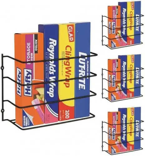 Kitchen Wrap & Food Bag Organizer Wall/Cabinet Mount, 4-Pack, Black