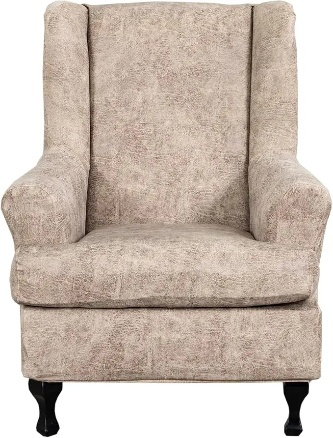 KRFOONN Wing Chair Slipcovers 2 Piece Stretch Leather Look Wingback Chair
