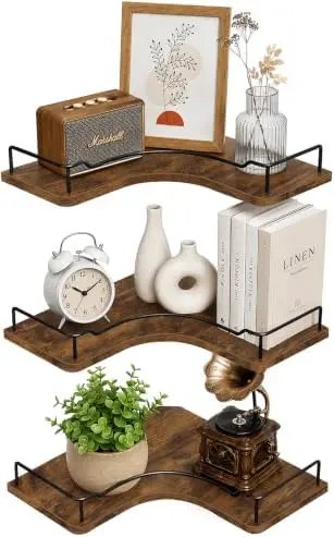 L-Shaped Corner Floating Shelves Wall Mounted Set of 3, Rustic Brown
