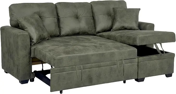L Shaped Sectional Couch with Storage and Pull Out Bed, 3 Seater Sleeper Sofas