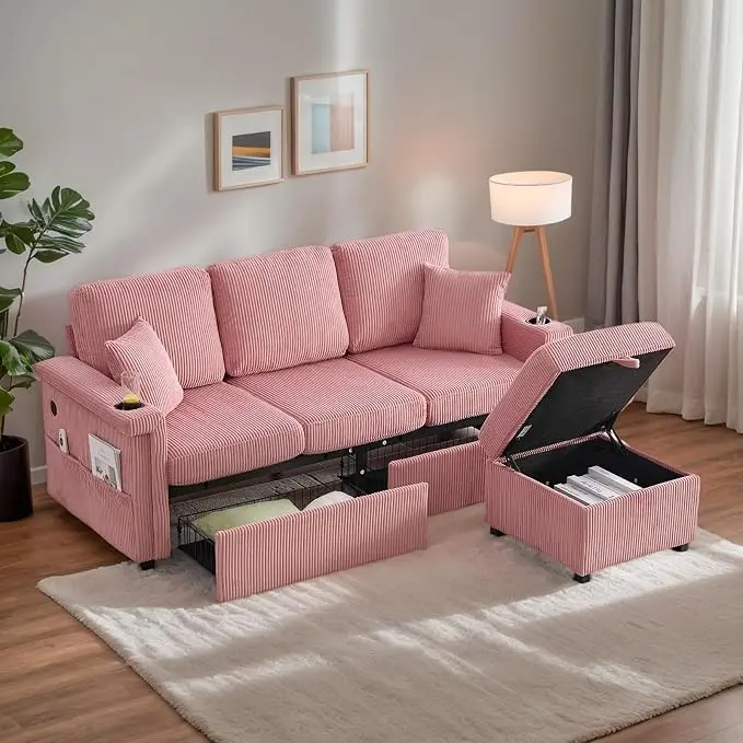 L-Shaped Sectional Sofa with Storage & Movable Ottoman, Corduroy 3 Seater