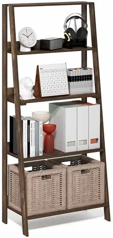 Ladder 5-Tier Book Shelf, Leaning Standing Shelf, Amber Pine