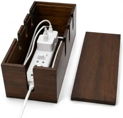 Large Cable Management Box, Wooden Cord Organizer Box with Lid