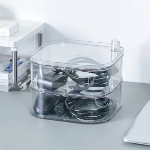 Large Cord Organizer Box with Lid, Clear, 2-Tiers, Rotating