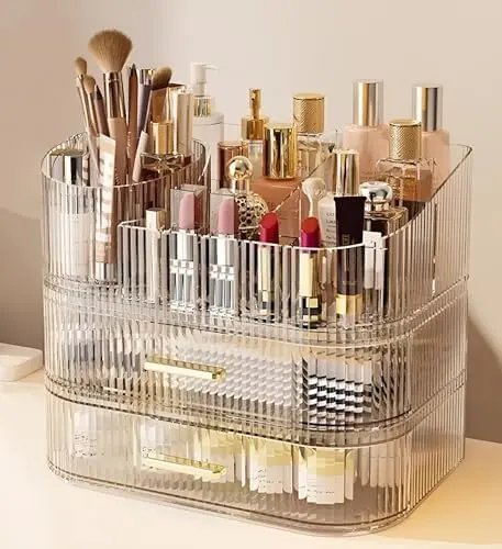 Large Makeup Organizer with Drawers, 360° Rotating Brush Holder