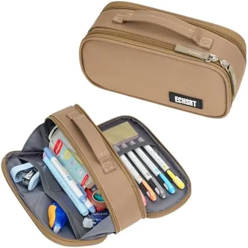 Large Tactical Pencil Case, 3-Compartment Pen Pouch Organizer, Khaki
