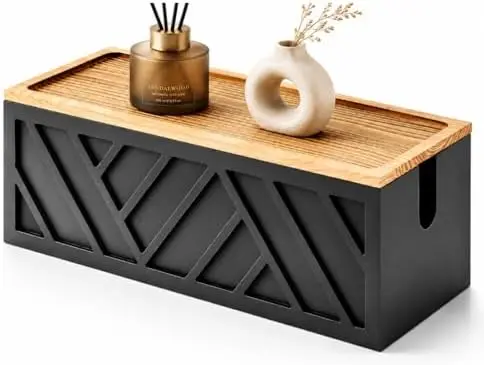 Large Wooden Cable Management Box, Geometric, Black