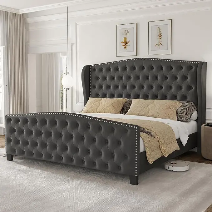 LARMACE King Size Bed Frame Velvet Upholstered Platform Bed