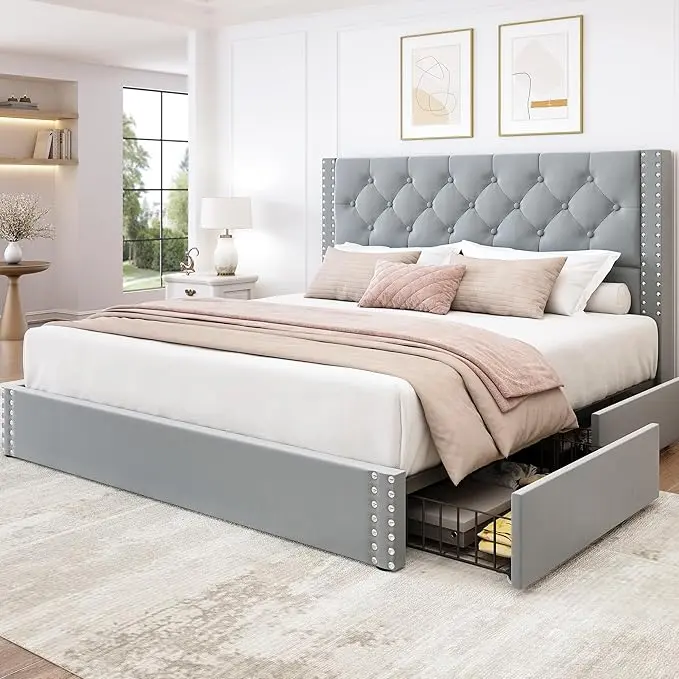 LARMACE Queen Size Bed Frame Upholstered Platform Bed