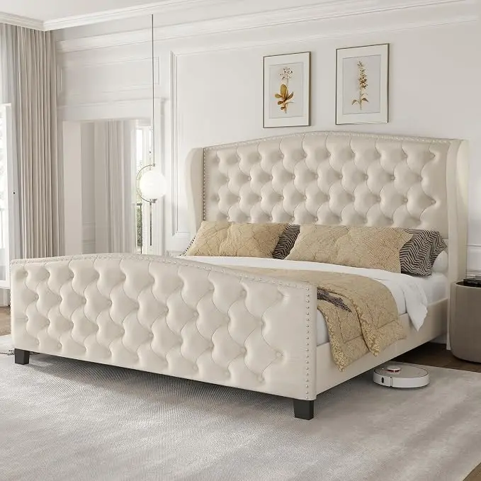 LARMACE Queen Size Bed Frame Velvet Upholstered Platform Bed