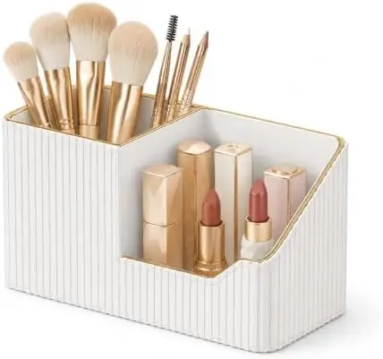 Leather Makeup Brush Holder with Lipstick Organizer, Ivory White