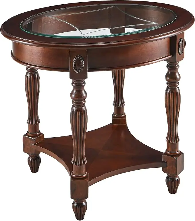 LEEMTORIG Oval Round Glass End Table, 2-Tier Solid Wood Glass Top End Side