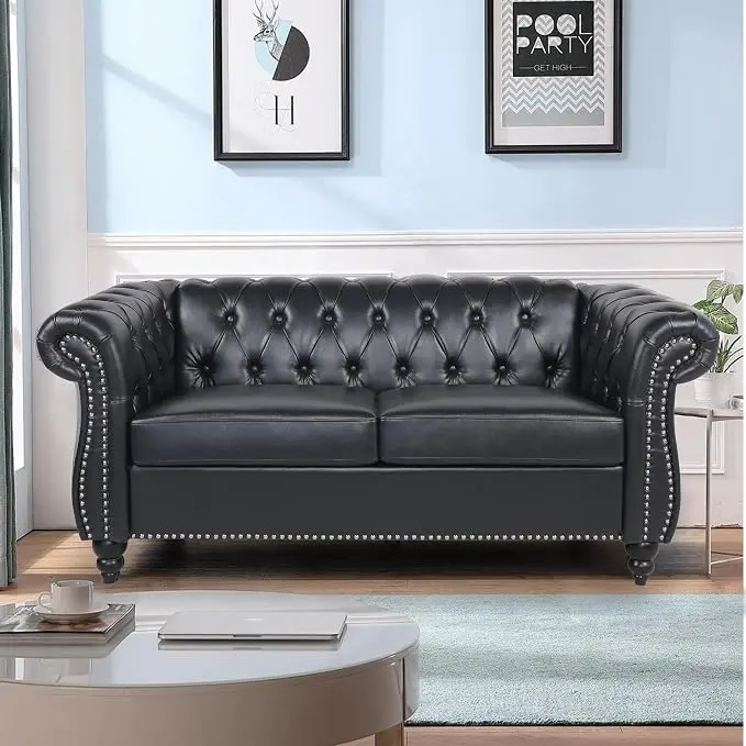 LEVNARY Leather Sofa, Chesterfield Tufted Upholstered 2 Seater Couch, Modern