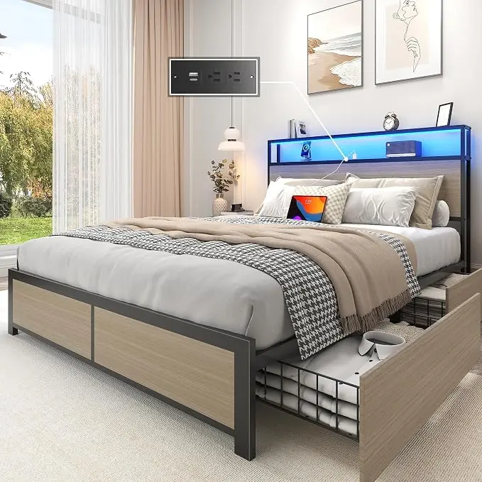 Lifezone Full Bed Frame with 2-Tier Storage Headboard, Metal Platform Bed Frame