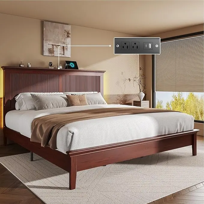 Lifezone King Bed Frame with Headboard, Solid Wood Bed Frame King Size with