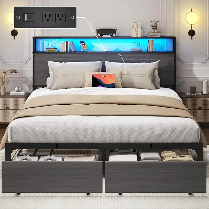 Lifezone Queen Bed Frame with 2-Tier Storage Headboard, Bedroom Metal Bed Frame