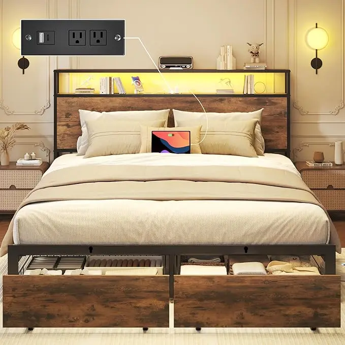 Lifezone Queen Bed Frame with 2-Tier Storage Headboard, Metal Bed Frame with