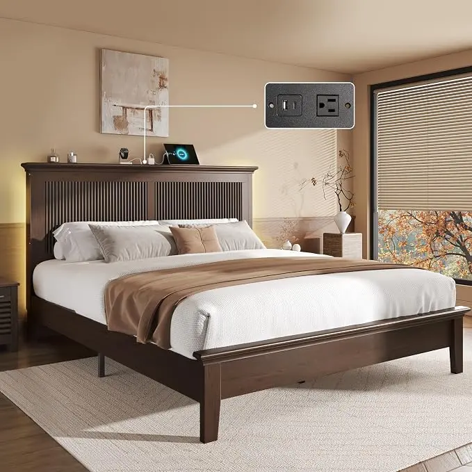 Lifezone Wood Queen Bed, Solid Wood Bed