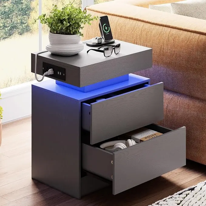LIKIMIO Night Stand with Charging Station, Modern Grey Nightstand with LED