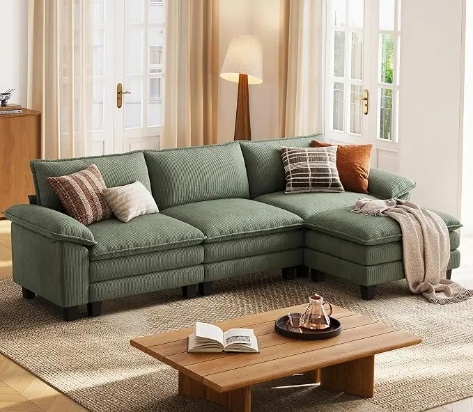 LINSY HOME 123" Modular L-Shaped Sectional Sofa, 3-Seat Corduroy Modern Cloud