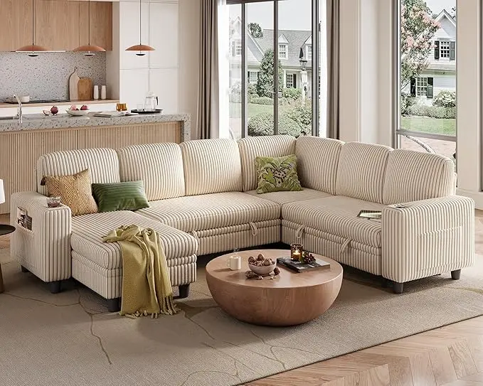 LINSY HOME Sectional Sofa with Pull Out Bed, 6 Seats Corduroy Reversible