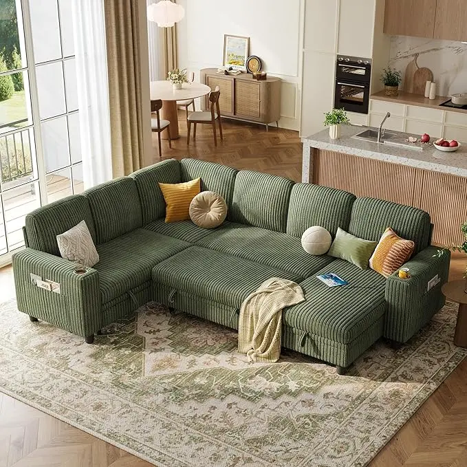 LINSY HOME Sectional Sofa with Pull Out Bed, 6 Seats Corduroy Reversible
