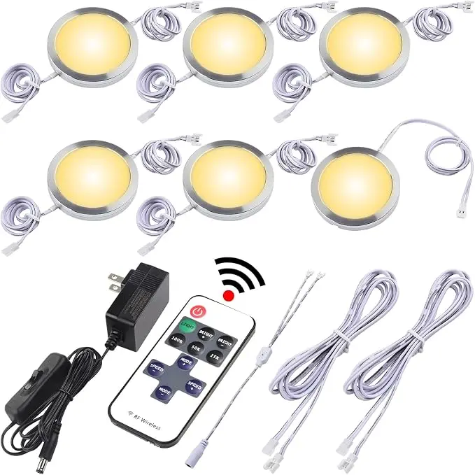 Liquor Cabinet Accent Lighting Kit, Round LED Puck Lights, 110 Volt Plug in