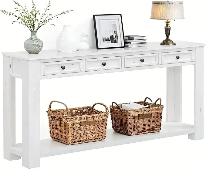 LKTART White Console Table, Solid Wood Sofa Table