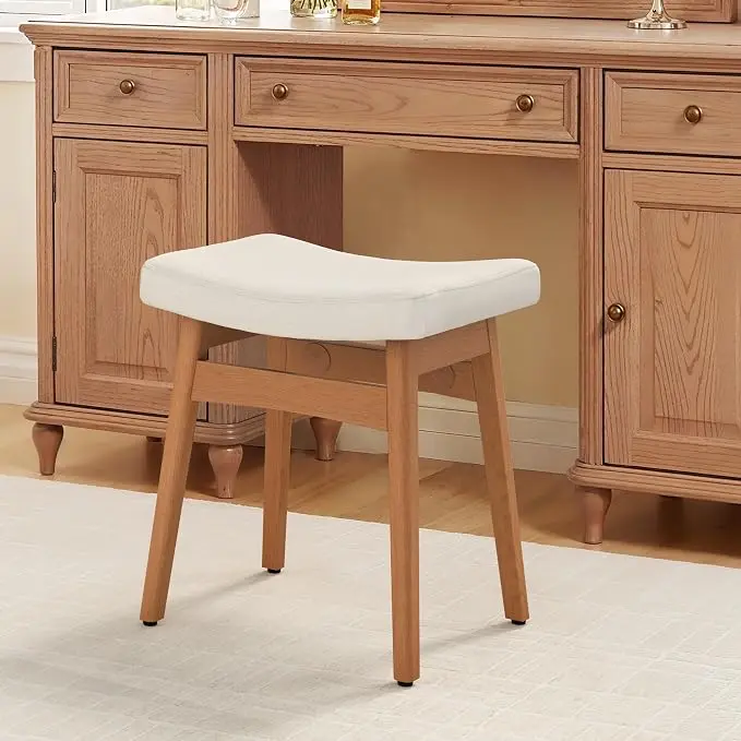 LUE BONA Solid Wood Vanity Bench Stool, 17.3" H Ergonomic Saddle Stool