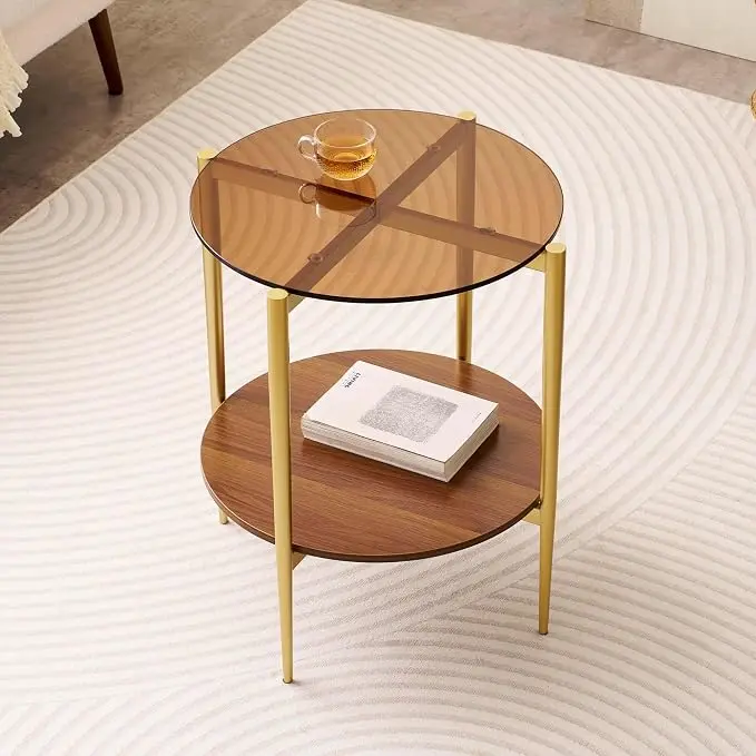 LumFurn Round Glass End Table, Mid-Century Modern Design Sofa Table