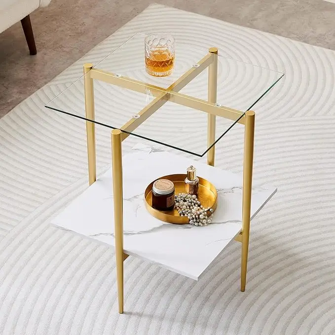 LumFurn Square Glass End Table, Mid-Century Modern Design Sofa Table,