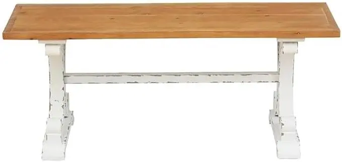 LuxenHome 45" Farmhouse Entry Table, Rustic Bench, Distressed White Coffee Table