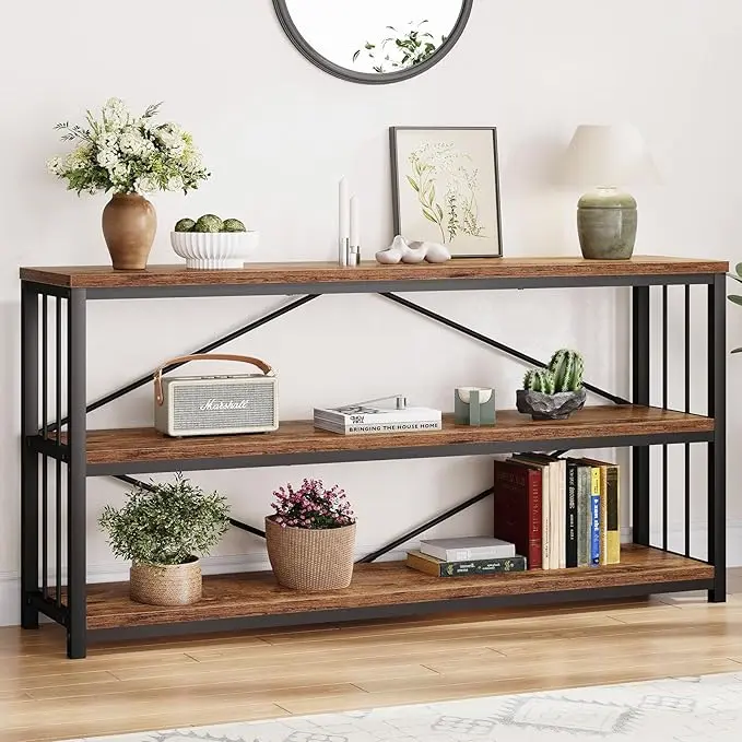 LVB Rustic 3 Tier Entryway Table, Industrial Long Wood Sofa Table Behind Couch