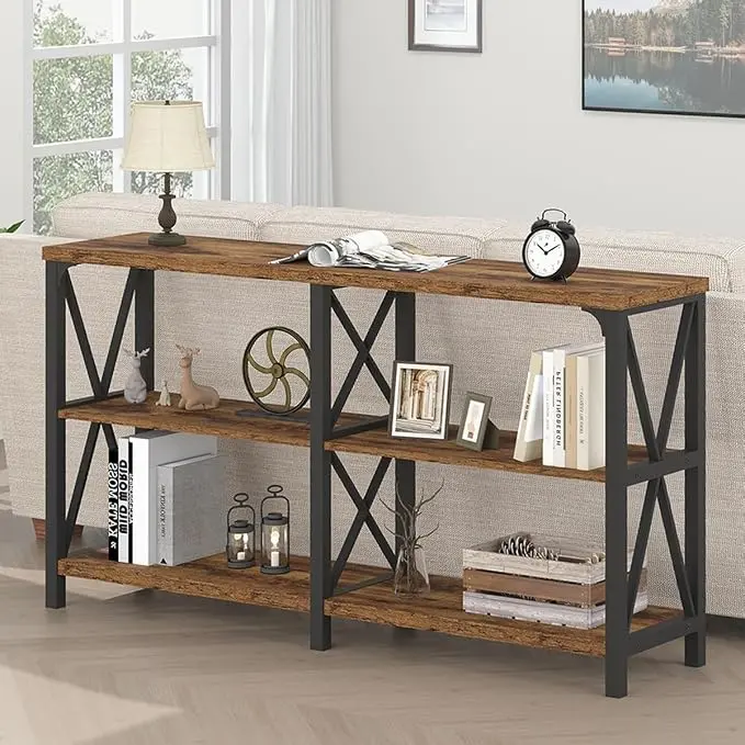 LVB Wood Console Table, Rustic 3 Tier Sofa Table Behind Couch, Industrial Metal