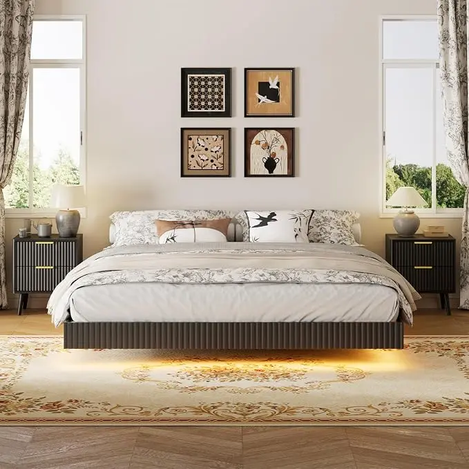 LYNSOM 3 Pieces King Bedroom Set, Floating Bed Frame