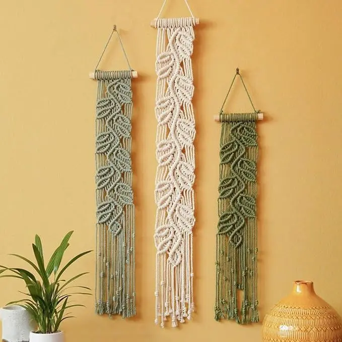 M MANUAL 3 Pcs Macrame Leaf Wall Hanging Bohemian Wall Decor Feathers Wall Art
