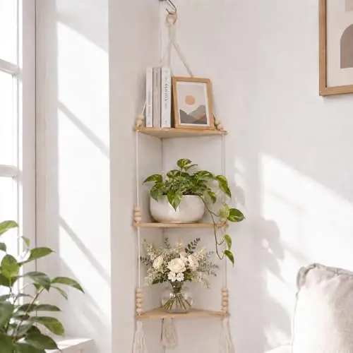 Macrame Corner Shelf Wall Hanging 3-Tier Adjust Boho Storage Decor
