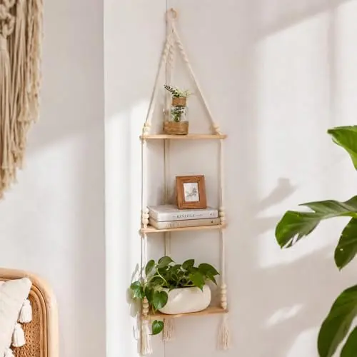 Macrame Corner Shelf Wall Hanging 3-Tier Adjust Boho Storage Decor